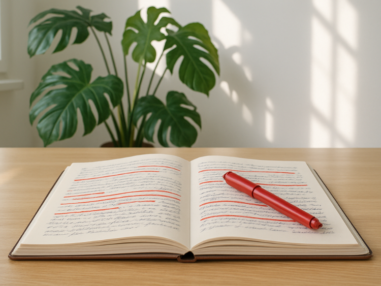 Journaling in einem offenen Notizbuch. Stressauslösende Gedanken mit rotem Marker unterstrichen. 